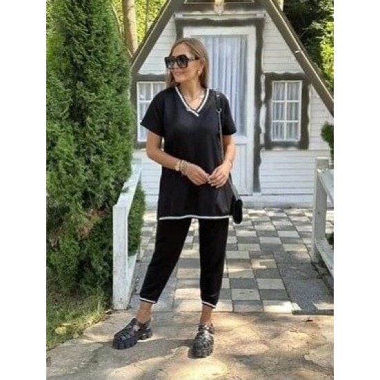 Kadın Kısa Kollu V Yakalı Iki Iplik Bluz Ve Pantolon Ikili Takım , 31399