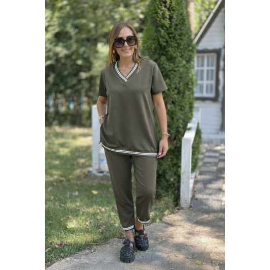 Kadın Kısa Kollu V Yakalı Iki Iplik Bluz Ve Pantolon Ikili Takım , 31398