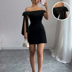 Kadın Madonna Yakalı Kurdela Detaylı Kısa Ithal Krep Elbise, 31411