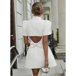 Kadın Kısa Kollu Balıkçı Yaka Arkadan Kelebek Dekolte Detaylı Kısa Atlas Elbise , 31417