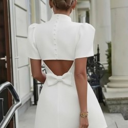 Kadın Kısa Kollu Balıkçı Yaka Arkadan Kelebek Dekolte Detaylı Kısa Atlas Elbise , 31417