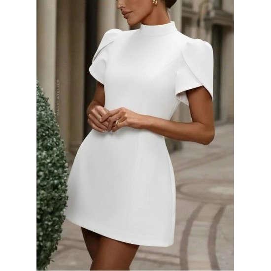 Kadın Kısa Kollu Balıkçı Yaka Arkadan Kelebek Dekolte Detaylı Kısa Atlas Elbise , 31417