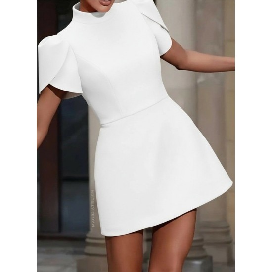 Kadın Kısa Kollu Balıkçı Yaka Arkadan Kelebek Dekolte Detaylı Kısa Atlas Elbise , 31417