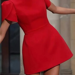 Kadın Kısa Kollu Balıkçı Yaka Arkadan Kelebek Dekolte Detaylı Kısa Atlas Elbise , 31416