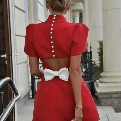 Kadın Kısa Kollu Balıkçı Yaka Arkadan Kelebek Dekolte Detaylı Kısa Atlas Elbise , 31416