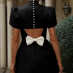 Kadın Kısa Kollu Balıkçı Yaka Arkadan Kelebek Dekolte Detaylı Kısa Atlas Elbise , 31415