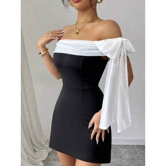 Kadın Madonna Yakalı Kurdela Detaylı Kısa Ithal Krep Elbise, 31414