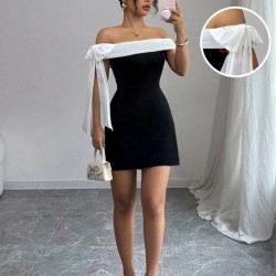 Kadın Madonna Yakalı Kurdela Detaylı Kısa Ithal Krep Elbise, 31414