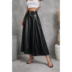 Kadın Yüksek Belli Maxi Deri Kemersiz Etek, 31428