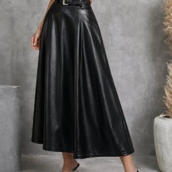 Kadın Yüksek Belli Maxi Deri Kemersiz Etek, 31428