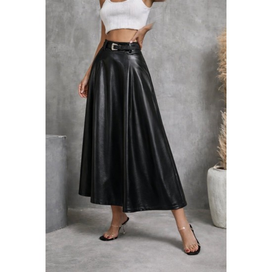 Kadın Yüksek Belli Maxi Deri Kemersiz Etek, 31428