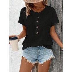 Kadın Kısa Kollu Yakası Açık önden Düğmeli Waffle Bluz, 31427