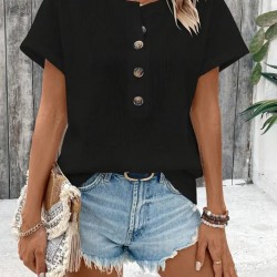 Kadın Kısa Kollu Yakası Açık önden Düğmeli Waffle Bluz, 31427