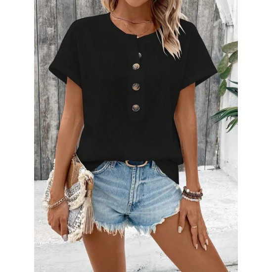 Kadın Kısa Kollu Yakası Açık önden Düğmeli Waffle Bluz, 31427