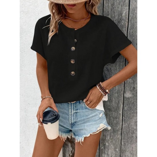 Kadın Kısa Kollu Yakası Açık önden Düğmeli Waffle Bluz, 31427