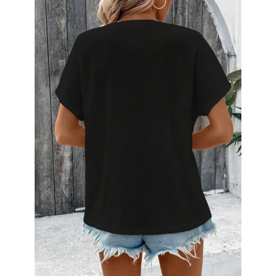 Kadın Kısa Kollu Yakası Açık önden Düğmeli Waffle Bluz, 31427