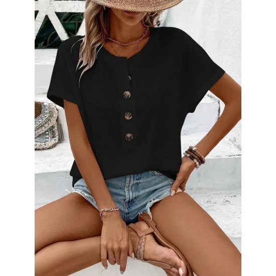 Kadın Kısa Kollu Yakası Açık önden Düğmeli Waffle Bluz, 31427