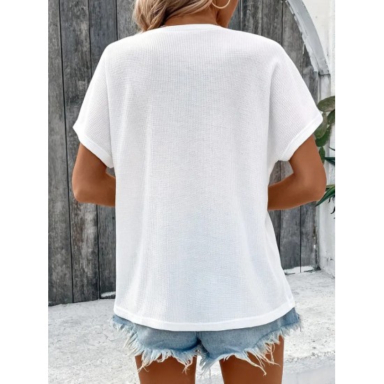 Kadın Kısa Kollu Yakası Açık önden Düğmeli Waffle Bluz, 31426