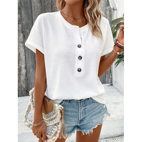 Kadın Kısa Kollu Yakası Açık önden Düğmeli Waffle Bluz, 31426