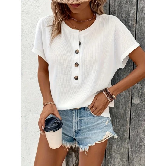 Kadın Kısa Kollu Yakası Açık önden Düğmeli Waffle Bluz, 31426