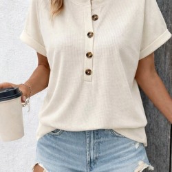 Kadın Kısa Kollu Yakası Açık önden Düğmeli Waffle Bluz, 31426