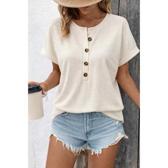 Kadın Kısa Kollu Yakası Açık önden Düğmeli Waffle Bluz, 31426