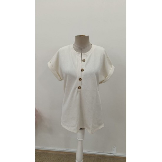 Kadın Kısa Kollu Yakası Açık önden Düğmeli Waffle Bluz, 31426