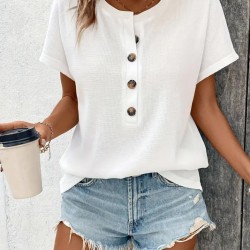 Kadın Kısa Kollu Yakası Açık önden Düğmeli Waffle Bluz, 31426