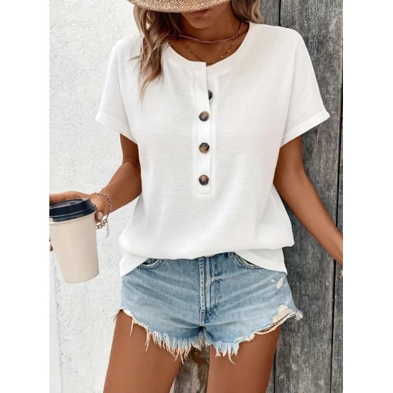Kadın Kısa Kollu Yakası Açık önden Düğmeli Waffle Bluz, 31426