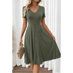 Kadın Kısa Kollu V Yakalı önden Düğmeli Kısa Kiloş Viskon Elbise , 31435