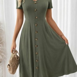 Kadın Kısa Kollu V Yakalı önden Düğmeli Kısa Kiloş Viskon Elbise , 31435