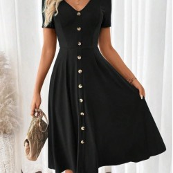 Kadın Kısa Kollu V Yakalı önden Düğmeli Kısa Kiloş Viskon Elbise , 31434