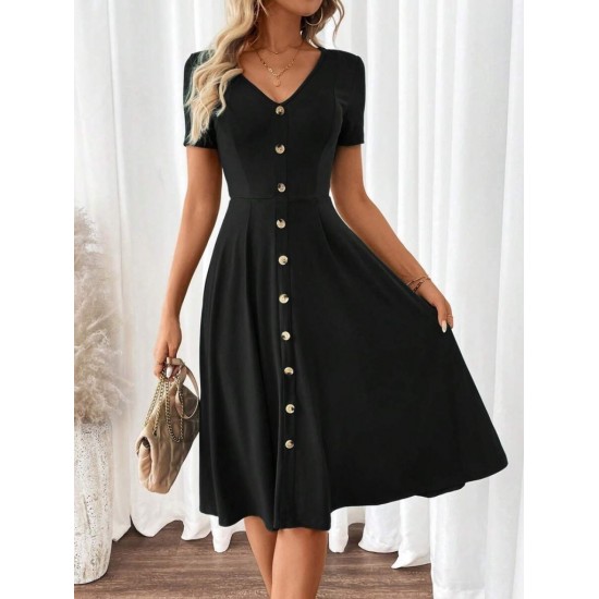 Kadın Kısa Kollu V Yakalı önden Düğmeli Kısa Kiloş Viskon Elbise , 31434