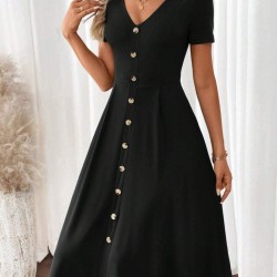 Kadın Kısa Kollu V Yakalı önden Düğmeli Kısa Kiloş Viskon Elbise , 31434