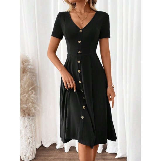 Kadın Kısa Kollu V Yakalı önden Düğmeli Kısa Kiloş Viskon Elbise , 31434