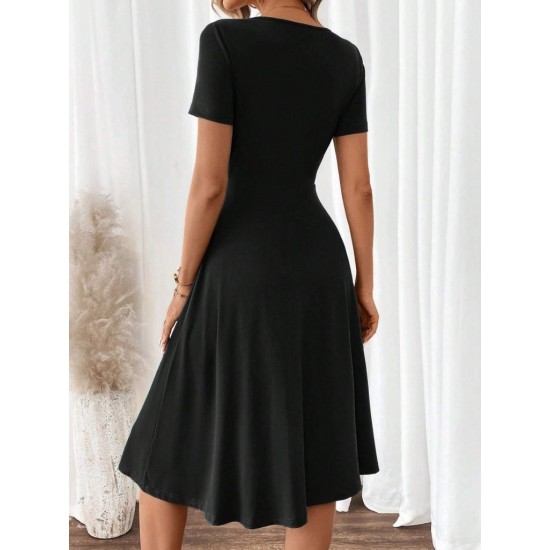 Kadın Kısa Kollu V Yakalı önden Düğmeli Kısa Kiloş Viskon Elbise , 31434