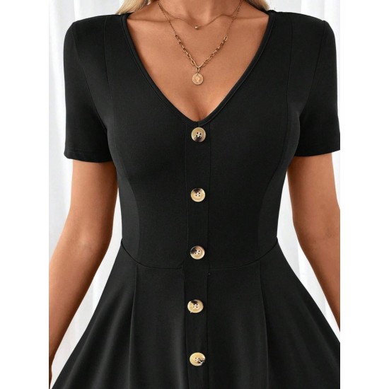 Kadın Kısa Kollu V Yakalı önden Düğmeli Kısa Kiloş Viskon Elbise , 31434