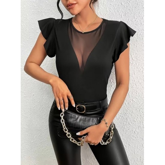 Kadın Kısa Fırfırlı Kol Yuvarlak Yakalı Transparan Detaylı Viskon Bluz , 31442