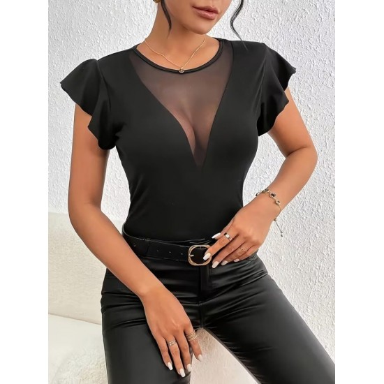 Kadın Kısa Fırfırlı Kol Yuvarlak Yakalı Transparan Detaylı Viskon Bluz , 31442