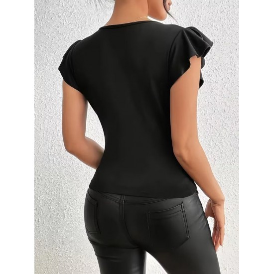 Kadın Kısa Fırfırlı Kol Yuvarlak Yakalı Transparan Detaylı Viskon Bluz , 31442