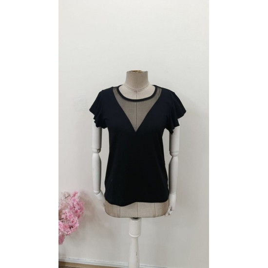 Kadın Kısa Fırfırlı Kol Yuvarlak Yakalı Transparan Detaylı Viskon Bluz , 31442