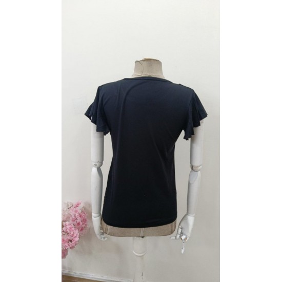 Kadın Kısa Fırfırlı Kol Yuvarlak Yakalı Transparan Detaylı Viskon Bluz , 31442