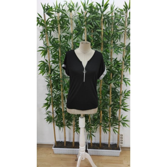 Kadın Kısa Kollu önden Fermuarlı Kol Ucu ışıltılı Viskon Bluz , 31441 Kadın Kısa Kollu önden Fermuarlı Kol Ucu ışıltılı Viskon Bluz , 31441