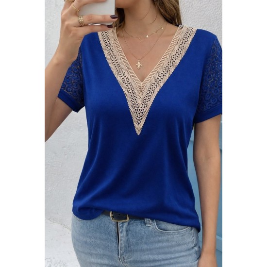 Kadın Kısa Kollu V Yakalı Dantel Detaylı Viskon Bluz , 31474