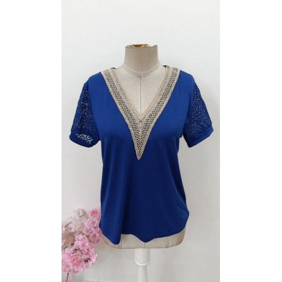 Kadın Kısa Kollu V Yakalı Dantel Detaylı Viskon Bluz , 31474