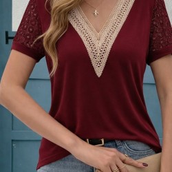 Kadın Kısa Kollu V Yakalı Dantel Detaylı Viskon Bluz , 31473