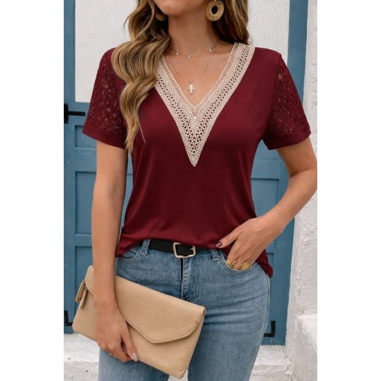 Kadın Kısa Kollu V Yakalı Dantel Detaylı Viskon Bluz , 31473