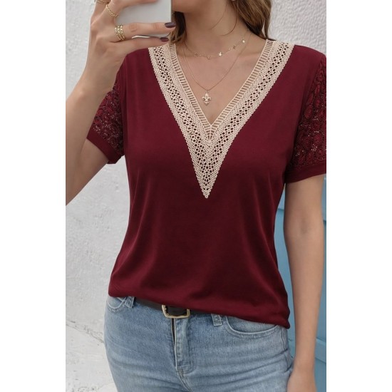 Kadın Kısa Kollu V Yakalı Dantel Detaylı Viskon Bluz , 31473