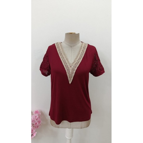 Kadın Kısa Kollu V Yakalı Dantel Detaylı Viskon Bluz , 31473