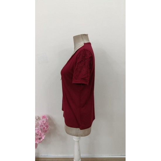 Kadın Kısa Kollu V Yakalı Dantel Detaylı Viskon Bluz , 31473